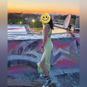 Open back lime color linen dress